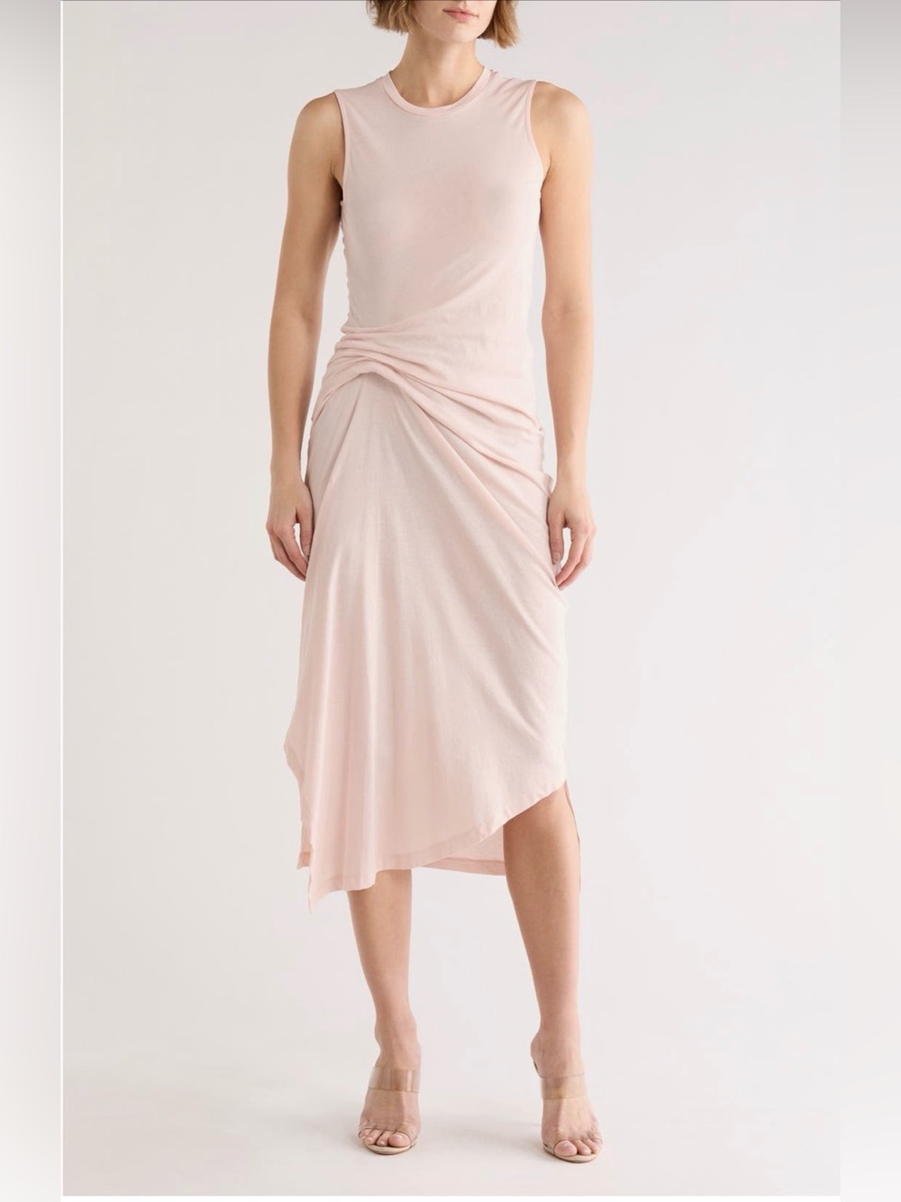 NWT AllSaints Blush Pink Ruched Asymmetrical Midi Dress Size 4